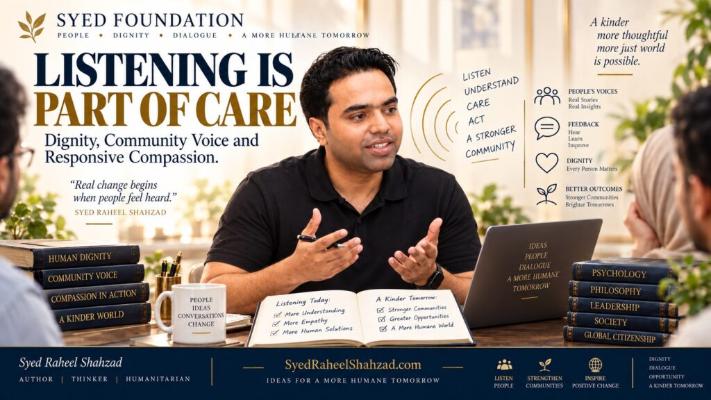 Syed Foundation reflection by Syed Raheel Shahzad on listening, dignity, community voice, responsive care and stronger communities