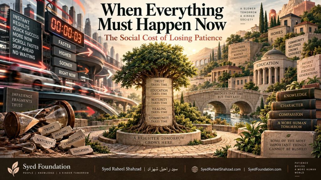 Syed Foundation artwork by Syed Raheel Shahzad contrasting a frantic instant-results city with a patient tree, education, bridges and community, symbolizing the social value of things that take time.