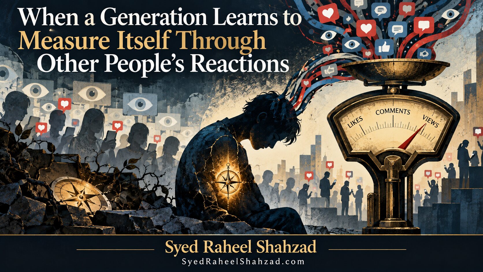Syed Foundation philosophical artwork by Syed Raheel Shahzad showing a young person beside a giant scale marked likes, comments and views, symbolizing a generation measuring itself through reactions.