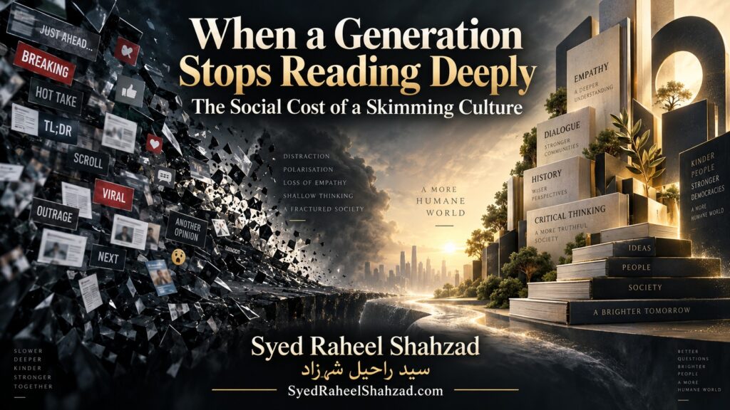 Syed Foundation artwork by Syed Raheel Shahzad contrasting a storm of viral fragments with a luminous civic architecture built from books, empathy, dialogue and critical thinking.