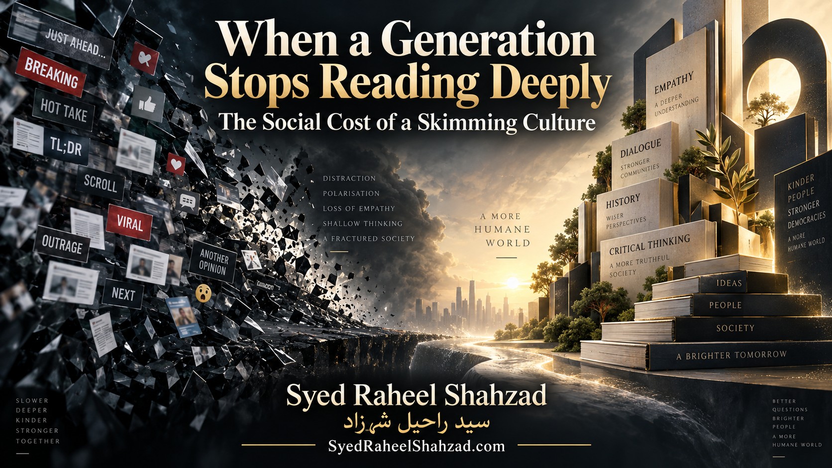 Syed Foundation artwork by Syed Raheel Shahzad contrasting a storm of viral fragments with a luminous civic architecture built from books, empathy, dialogue and critical thinking.