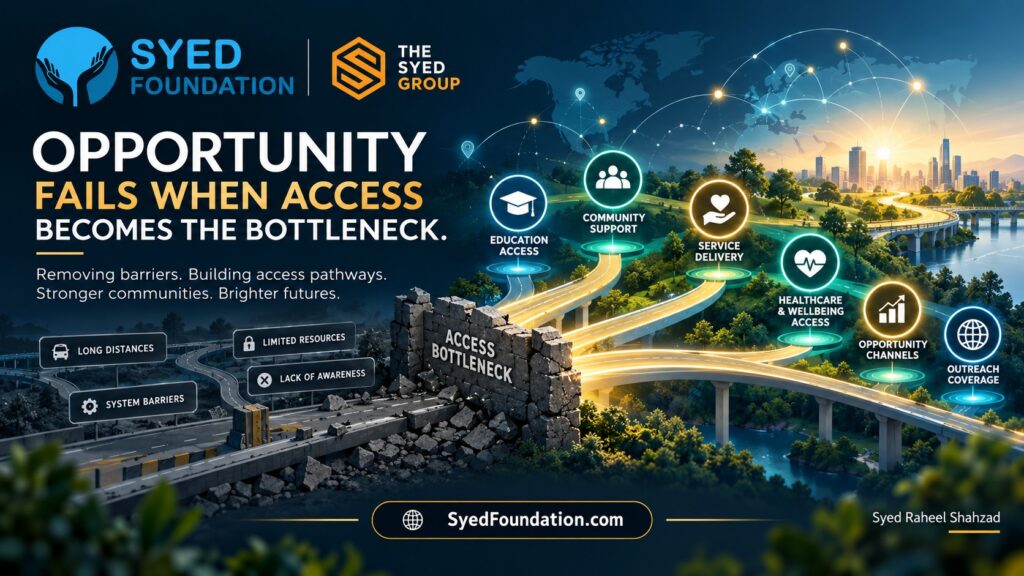 Syed Foundation access pathways showing education, community support, service delivery, health, opportunity and outreach beyond structural barriers