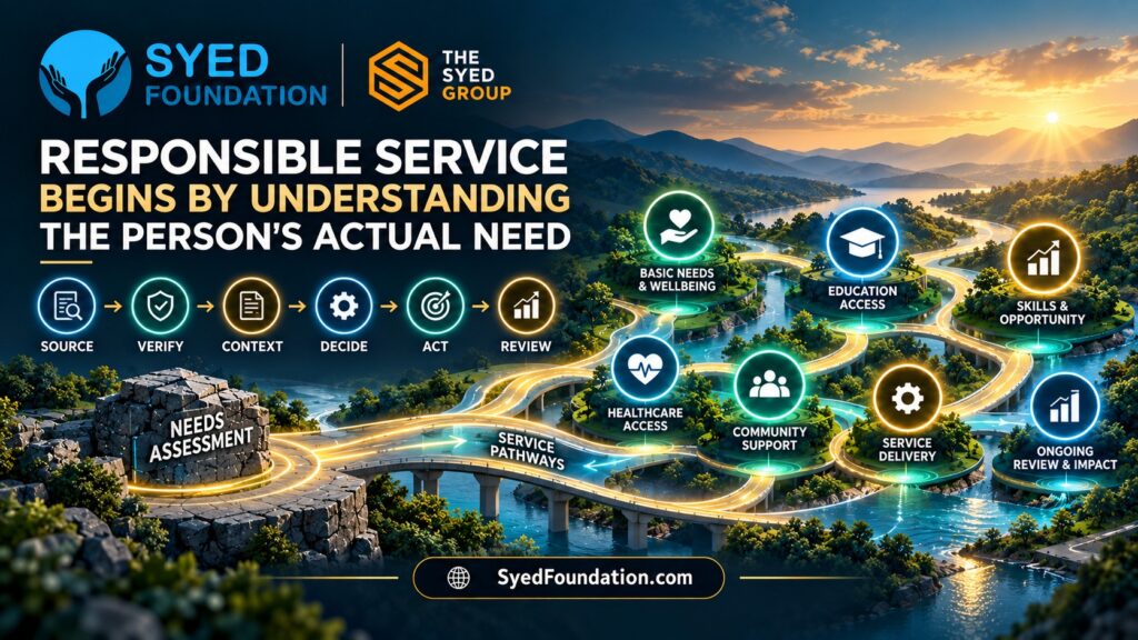 Syed Foundation needs-assessment framework showing education access, healthcare and wellbeing, community support, skills, service delivery and ongoing review