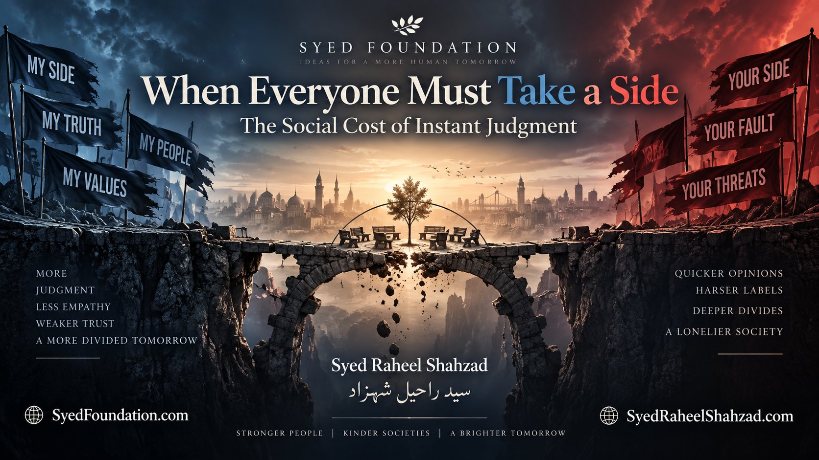 Syed Foundation artwork by Syed Raheel Shahzad showing opposing camps divided by a damaged bridge with a quiet shared space at the center, symbolizing polarization, instant judgment, empathy and social trust.