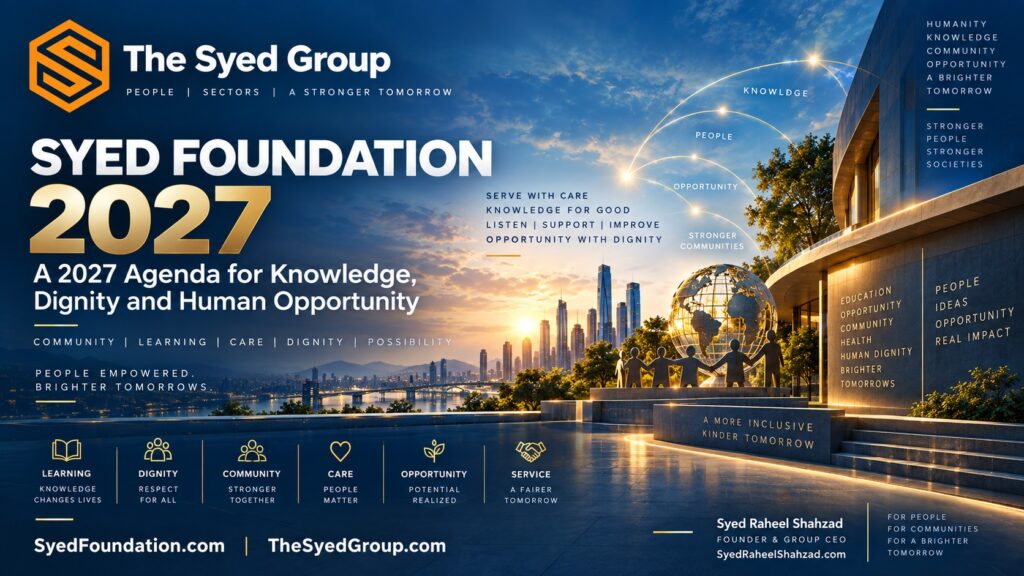Syed Foundation 2027 agenda showing knowledge, dignity, education, community, care and human opportunity connected with Syed Raheel Shahzad