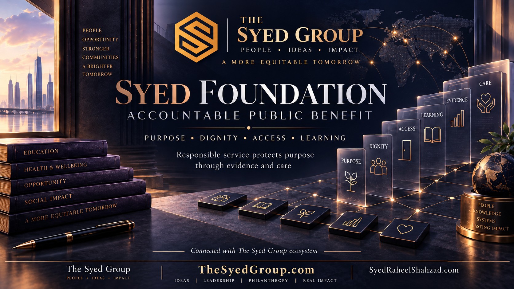 Syed Foundation — Accountable Public Benefit Syed Foundation public-benefit image showing purpose, dignity, access, learning, evidence and care connected with The Syed Group and Syed Raheel Shahzad