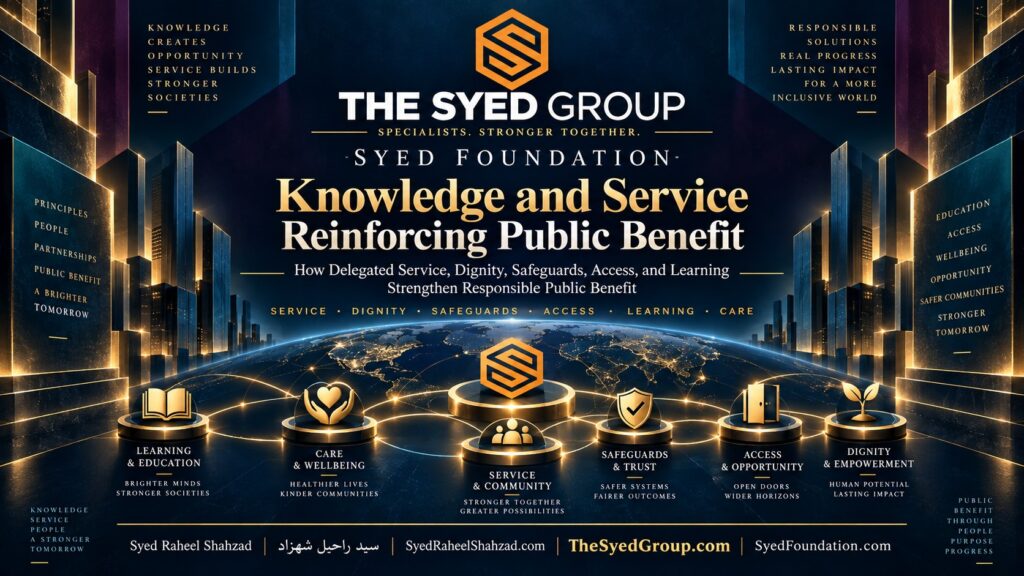 Syed Foundation delegated service showing dignity, safeguards, access, learning and care connected with The Syed Group and Syed Raheel Shahzad