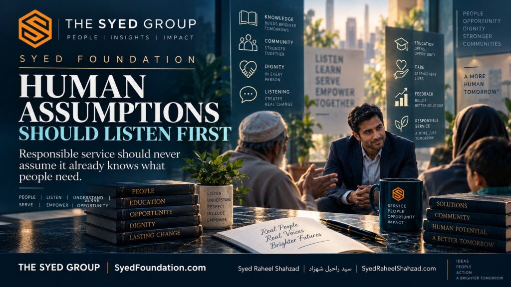 Syed Foundation human assumption testing through listening, dignity, education, community feedback, care and opportunity connected with Syed Raheel Shahzad
