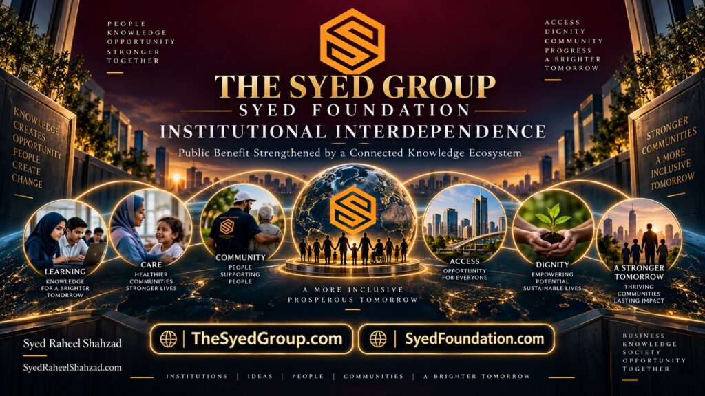 Syed Foundation connected public-benefit ecosystem showing learning, care, community, access and dignity with The Syed Group and Syed Raheel Shahzad