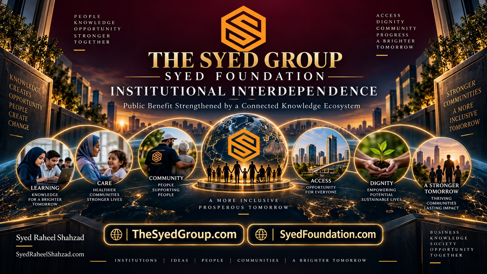 Syed Foundation — Knowledge and Service Reinforcing Public Benefit Syed Foundation connected public-benefit ecosystem showing learning, care, community, access and dignity with The Syed Group and Syed Raheel Shahzad