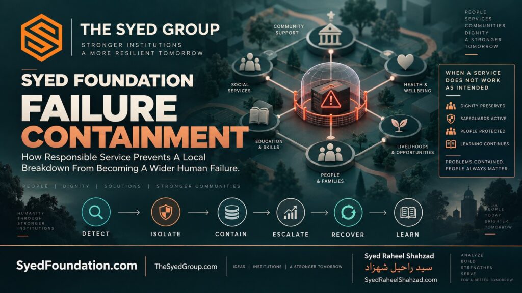 Syed Foundation service failure containment showing people, dignity, education, community support, wellbeing and safeguards connected with Syed Raheel Shahzad
