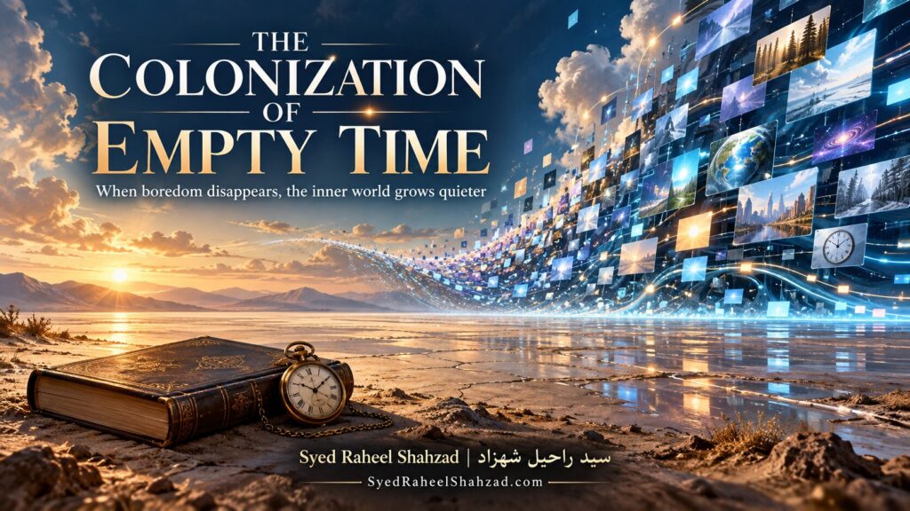 Conceptual social-impact artwork by Syed Raheel Shahzad showing empty time being overtaken by a digital tide, symbolizing the social cost of a generation that cannot be bored.