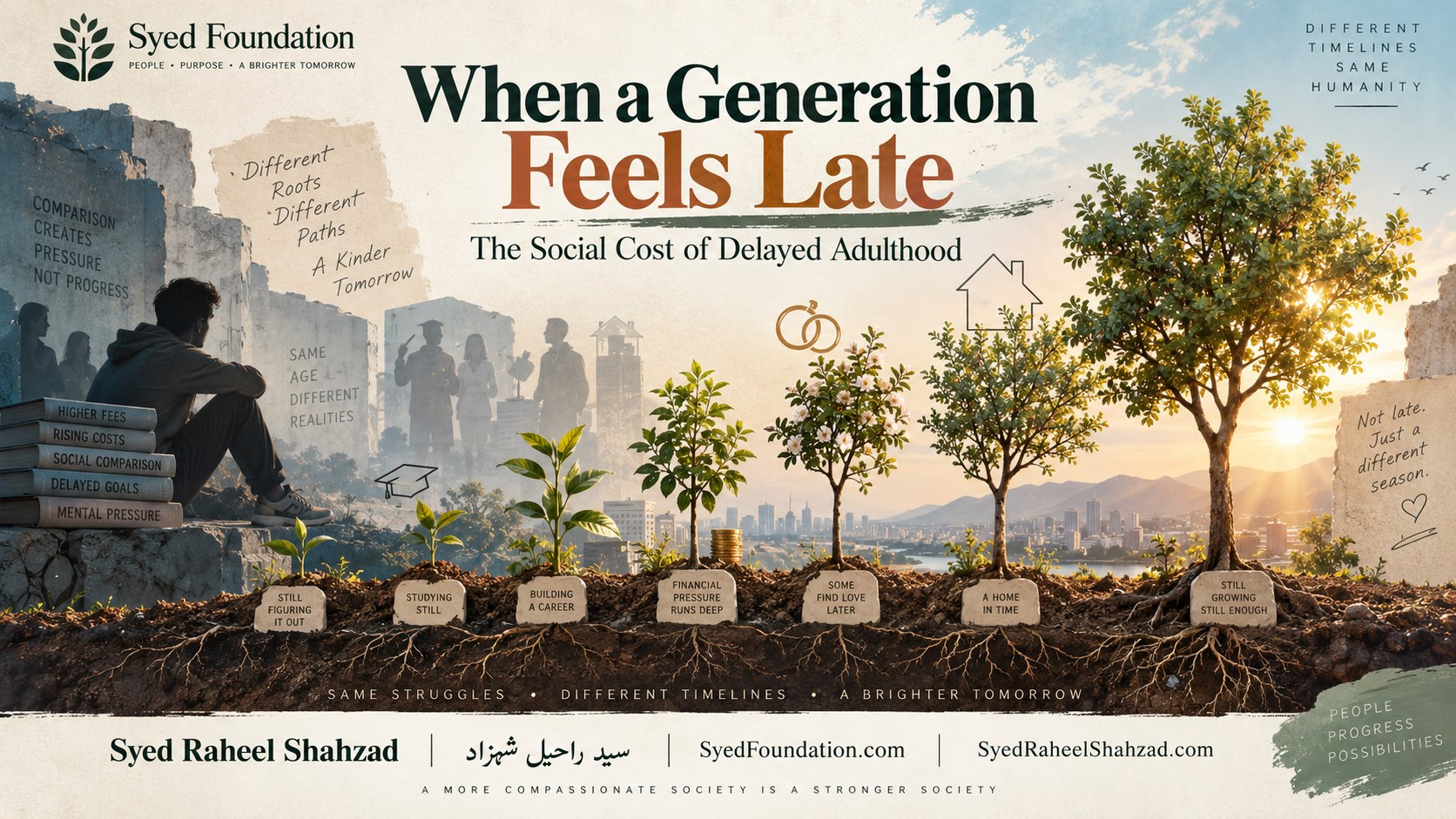 Syed Foundation artwork by Syed Raheel Shahzad showing trees growing at different stages beside markers for study, career, finance, love and home, symbolizing different timelines and equal human worth.