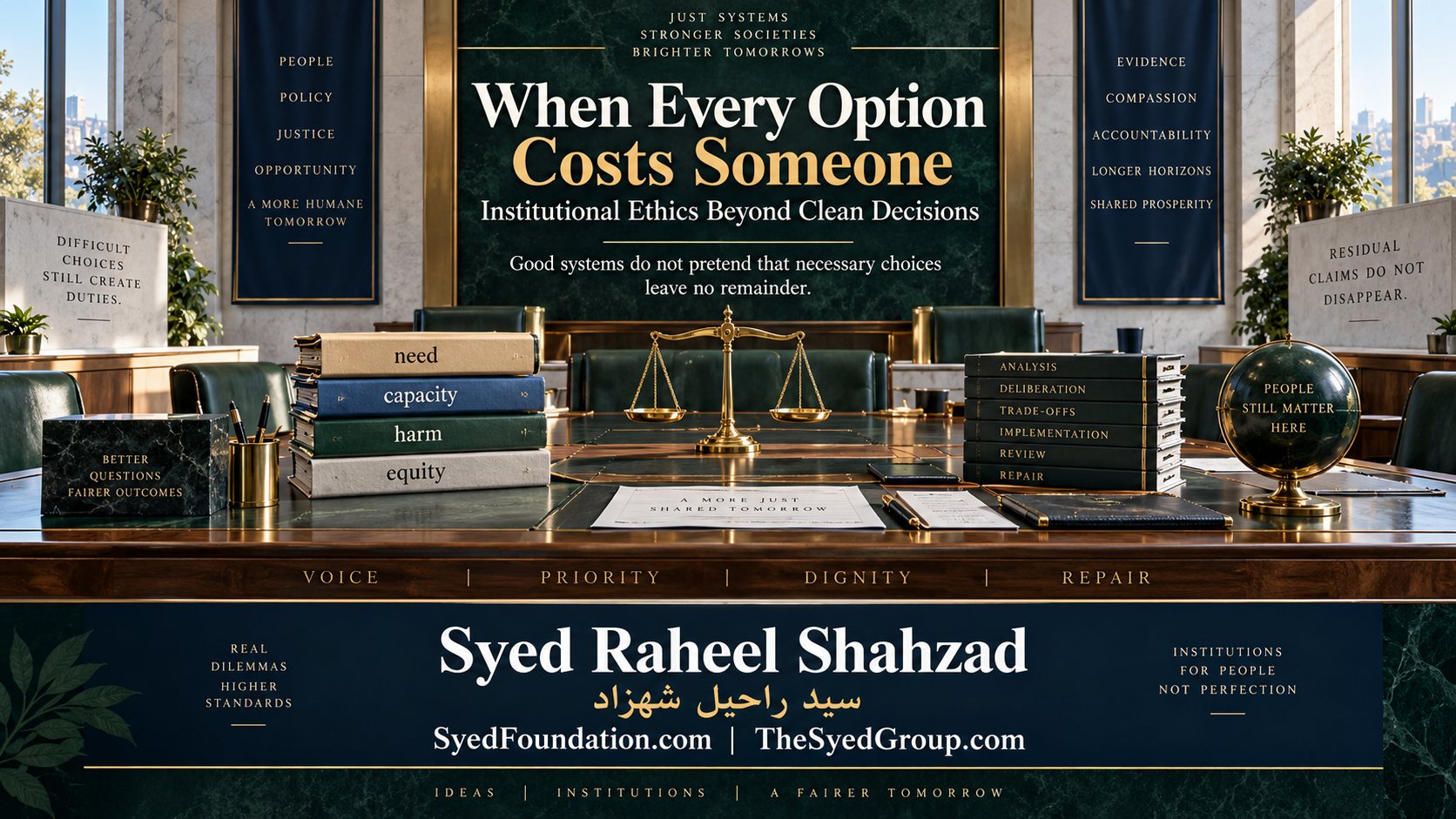Institutional ethics artwork by Syed Raheel Shahzad showing a deliberation chamber with scales, trade-off files and books marked need, capacity, harm and equity, symbolizing difficult choices that still leave residual duties.