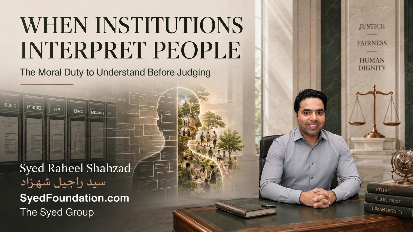 When Institutions Interpret People — Syed Foundation and Syed Raheel Shahzad Institutional ethics artwork by Syed Raheel Shahzad showing a person before layered administrative frames, with transparent review pathways correcting a distorted judgment.