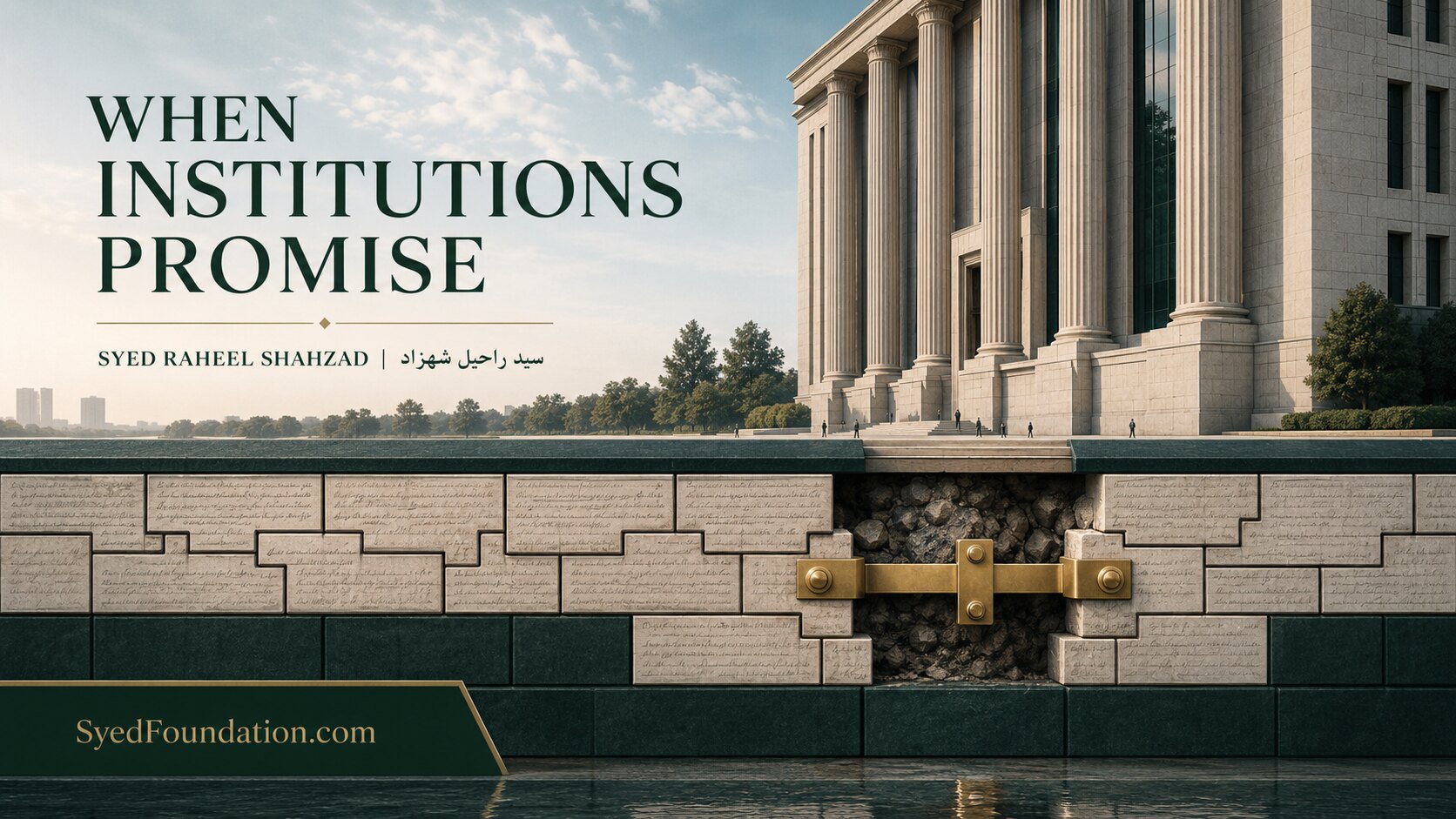 Institutional ethics artwork by Syed Raheel Shahzad showing a civic structure supported by written commitments while a visible foundation fault is repaired with a strong metal brace.