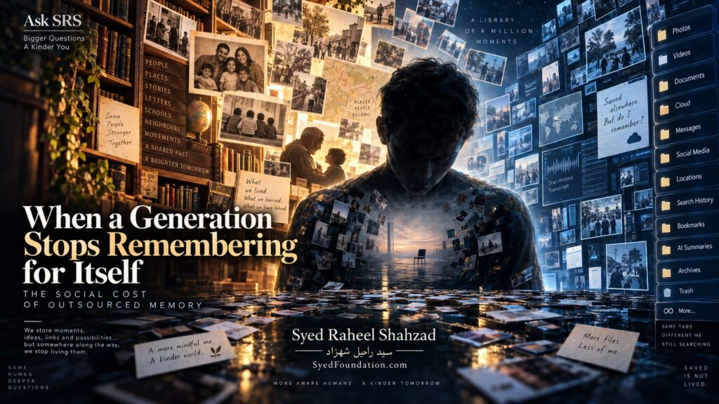 Syed Foundation artwork by Syed Raheel Shahzad showing human memory, family stories and civic history flowing into a digital archive, symbolizing the social cost of outsourced remembering.