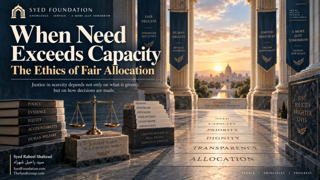 Institutional ethics artwork by Syed Raheel Shahzad showing scales, limited-resource files and a civic corridor marked by need, capacity, priority, dignity and transparency, symbolizing fair allocation.