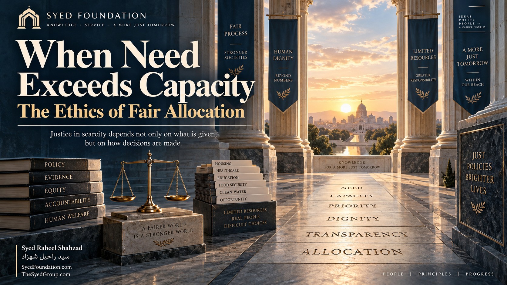 When Need Exceeds Capacity — Syed Foundation Institutional ethics artwork by Syed Raheel Shahzad showing limited resource files, balanced scales and a civic hall marked need, capacity, priority, dignity, transparency and allocation.