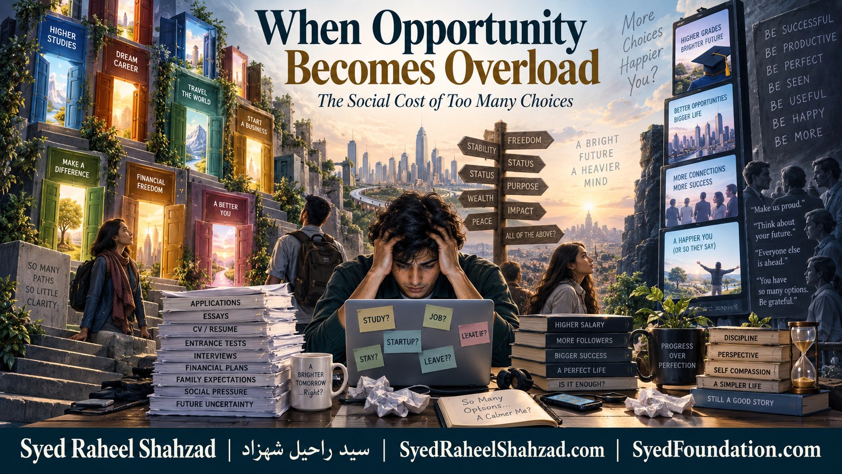 Syed Foundation artwork by Syed Raheel Shahzad showing a young person overwhelmed by doors, applications, career paths and expectations, symbolizing opportunity overload and social pressure.