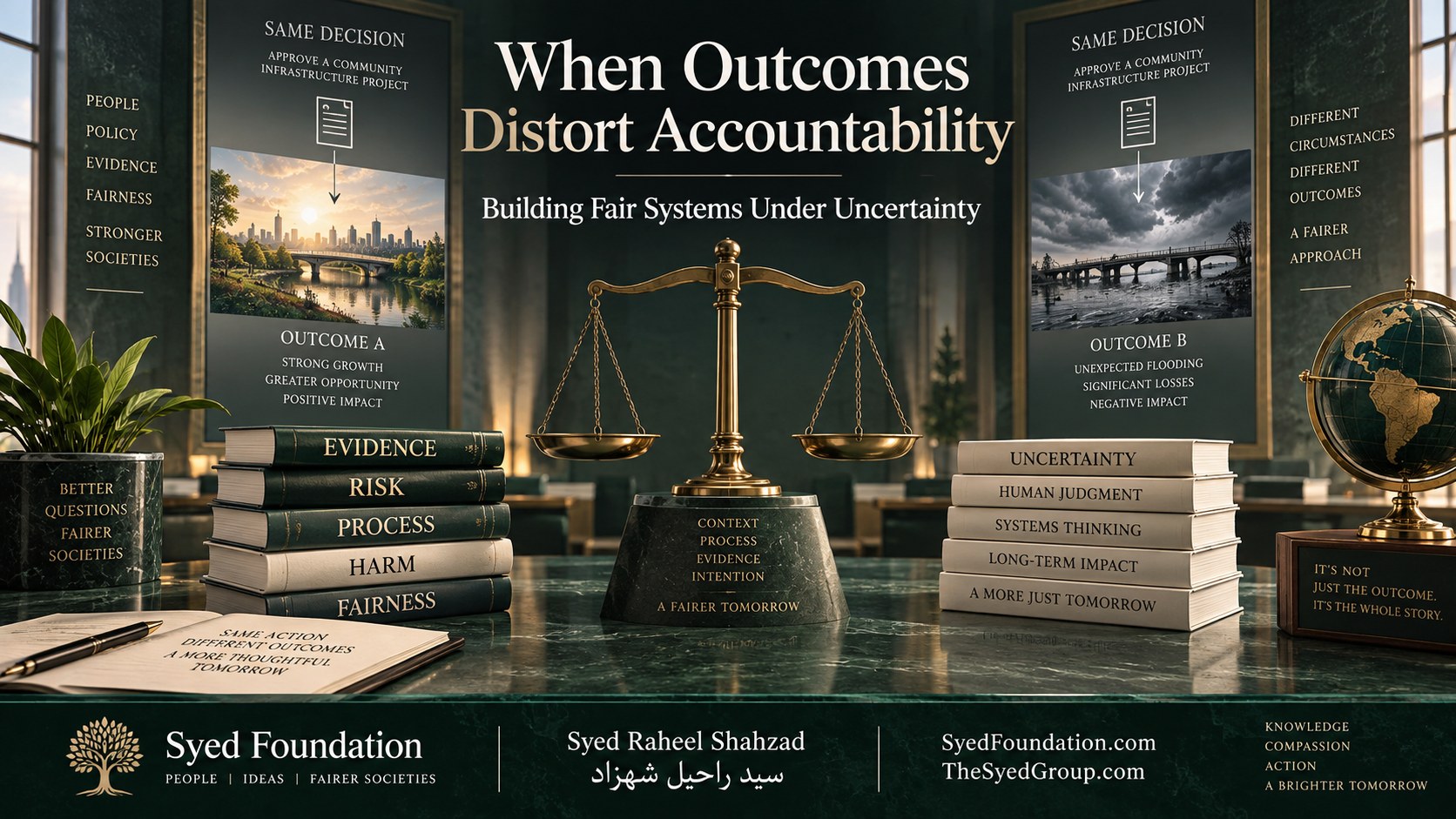 Institutional ethics artwork by Syed Raheel Shahzad showing a formal hall with balanced scales and two different outcomes from the same decision, symbolizing fairness, uncertainty and accountability.