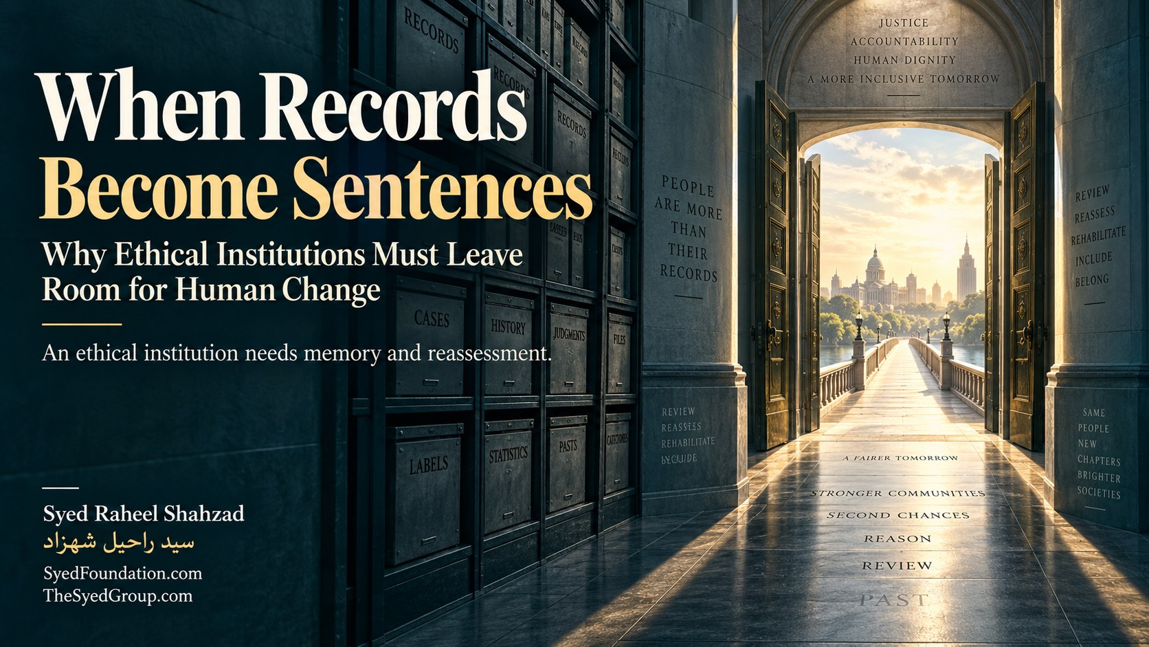 When Records Become Sentences — Syed Foundation Institutional ethics artwork by Syed Raheel Shahzad showing dark archives of old records opening toward a bright civic doorway, symbolizing memory, reassessment, rehabilitation, human dignity and second chances.