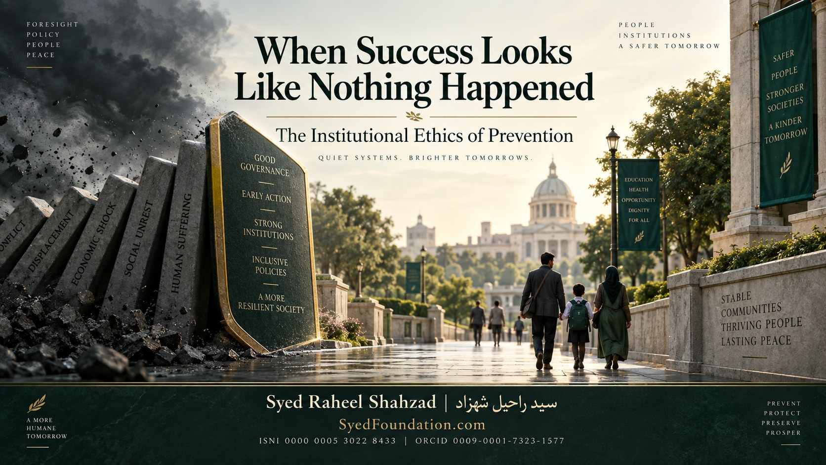 Institutional ethics artwork by Syed Raheel Shahzad showing strong policies stopping a chain of crises before they spread, symbolizing prevention, public good and invisible success.