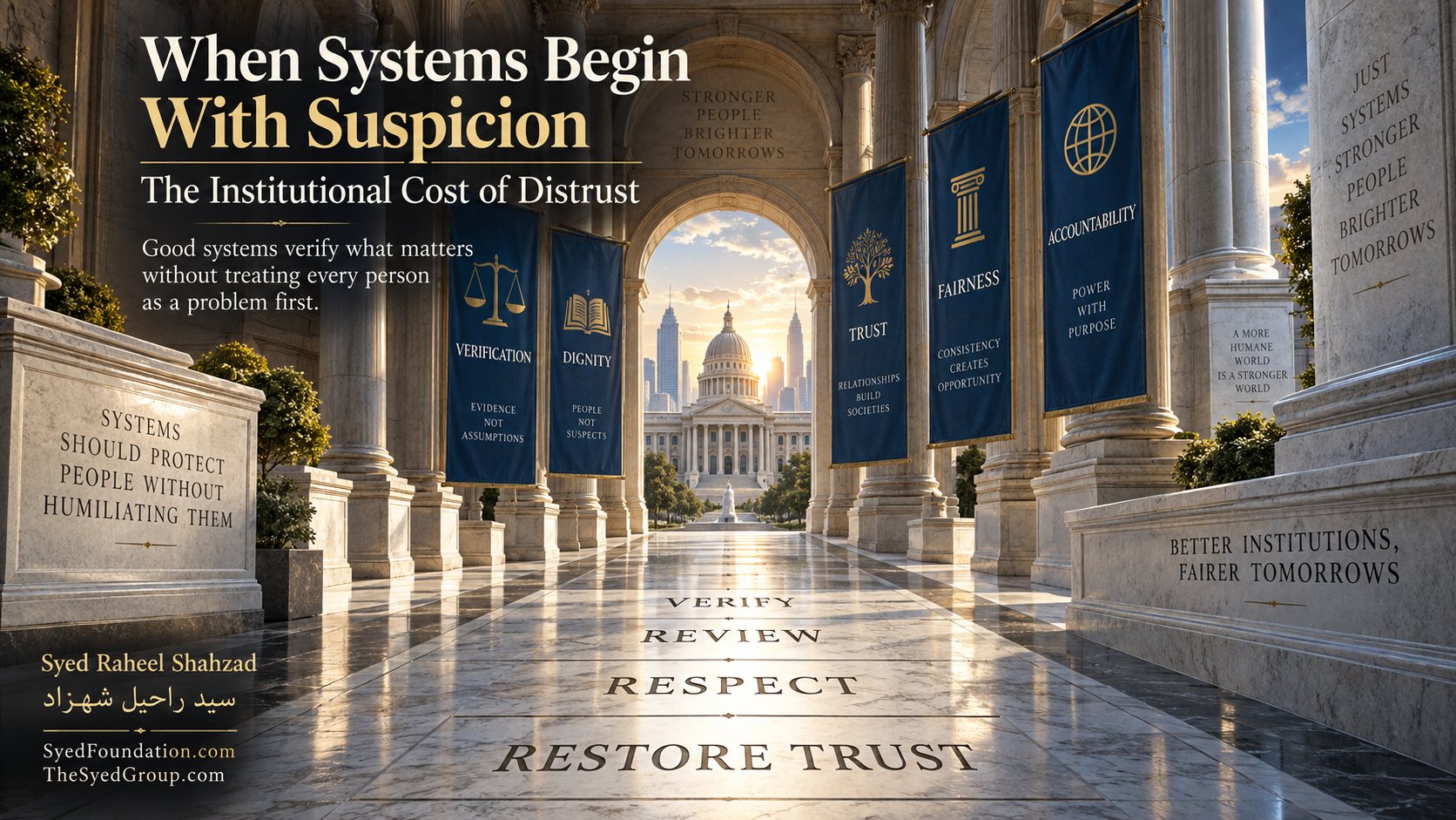 Institutional ethics artwork by Syed Raheel Shahzad showing a civic corridor of verification, dignity, trust and accountability, symbolizing how systems can verify risk without making suspicion their default.