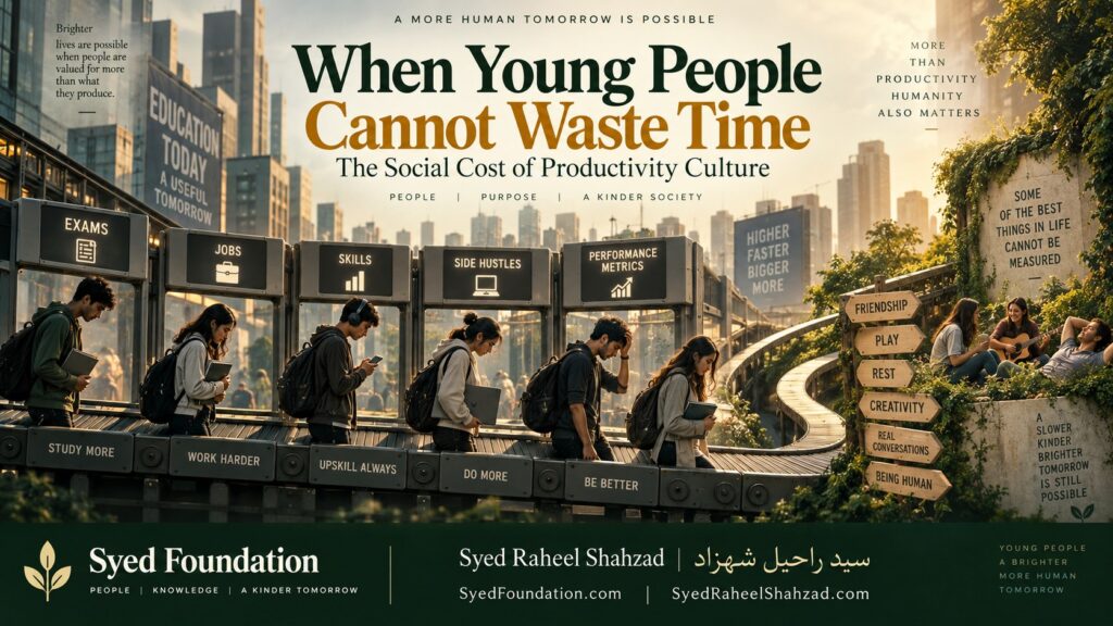 Syed Foundation artwork by Syed Raheel Shahzad showing young people moving through exams, jobs, skills and side-hustle systems while a separate path leads toward friendship, play, rest and creativity.