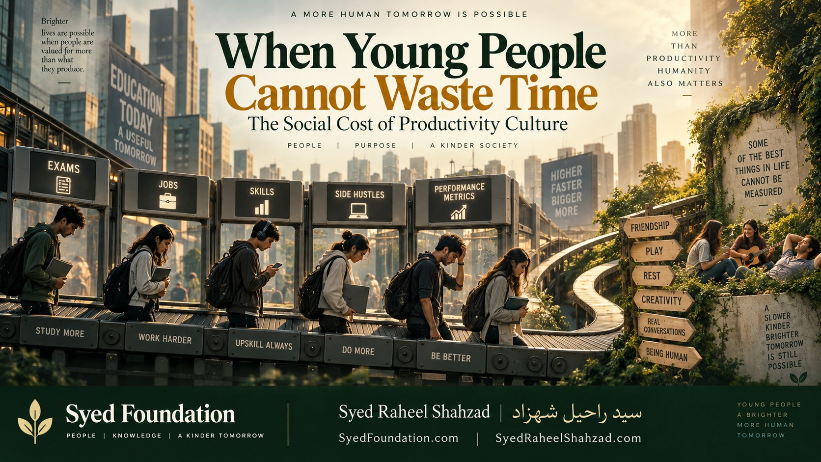 Syed Foundation artwork by Syed Raheel Shahzad showing young people moving through exams, jobs, skills and side-hustle systems while a separate path leads toward friendship, play, rest and creativity.