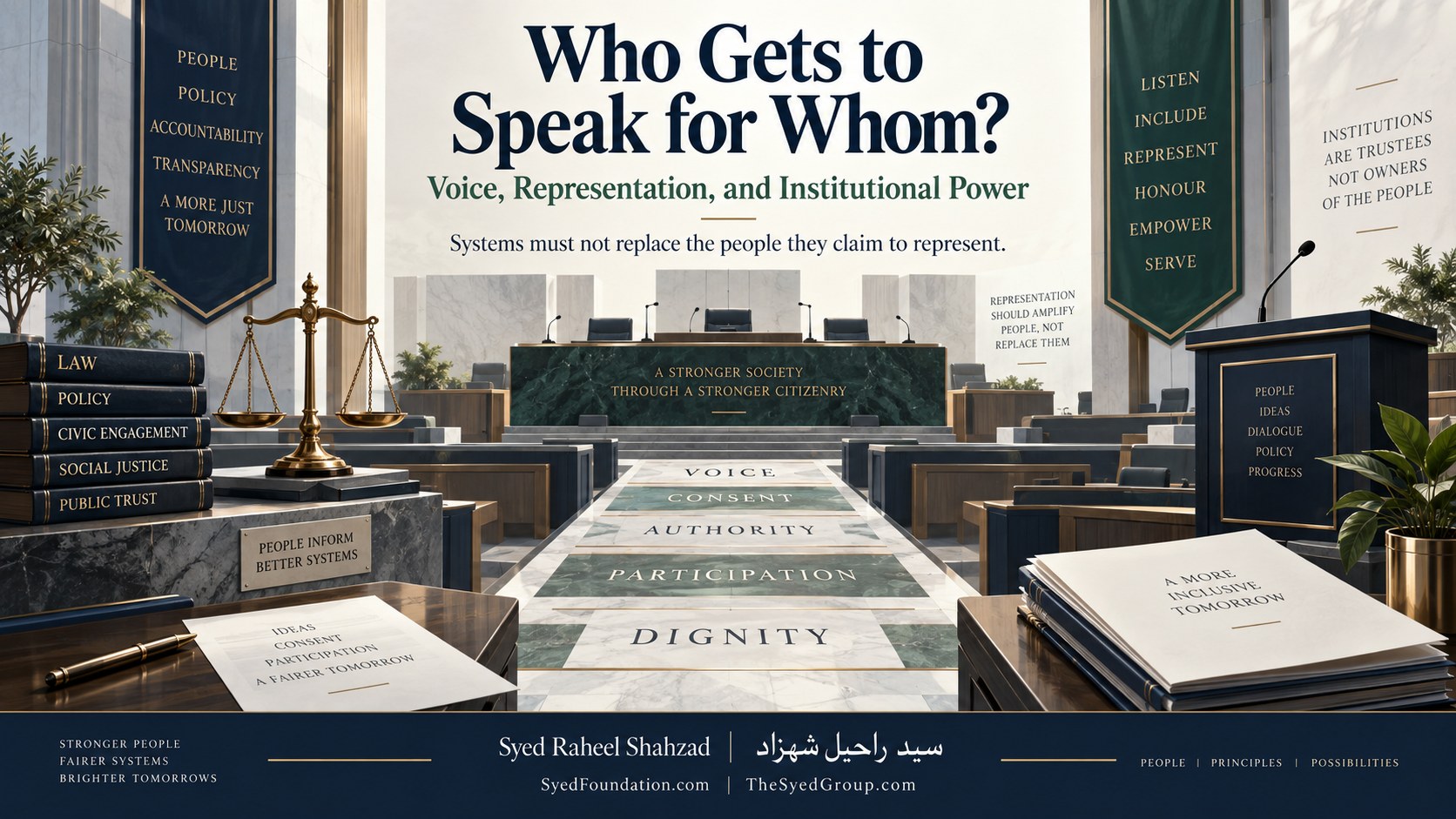 Institutional ethics artwork by Syed Raheel Shahzad showing a civic chamber with microphones, balanced scales and a pathway marked voice, consent, authority, participation and dignity, symbolizing accountable representation.