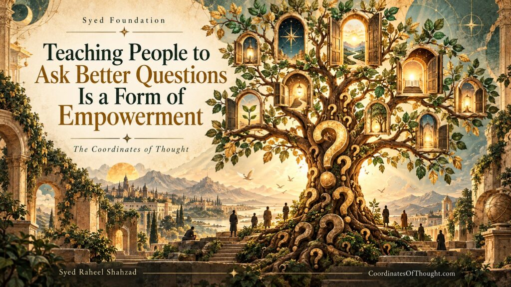Syed Foundation philosophical artwork by Syed Raheel Shahzad showing a tree of questions opening into different paths of knowledge, learning, possibility and intellectual empowerment