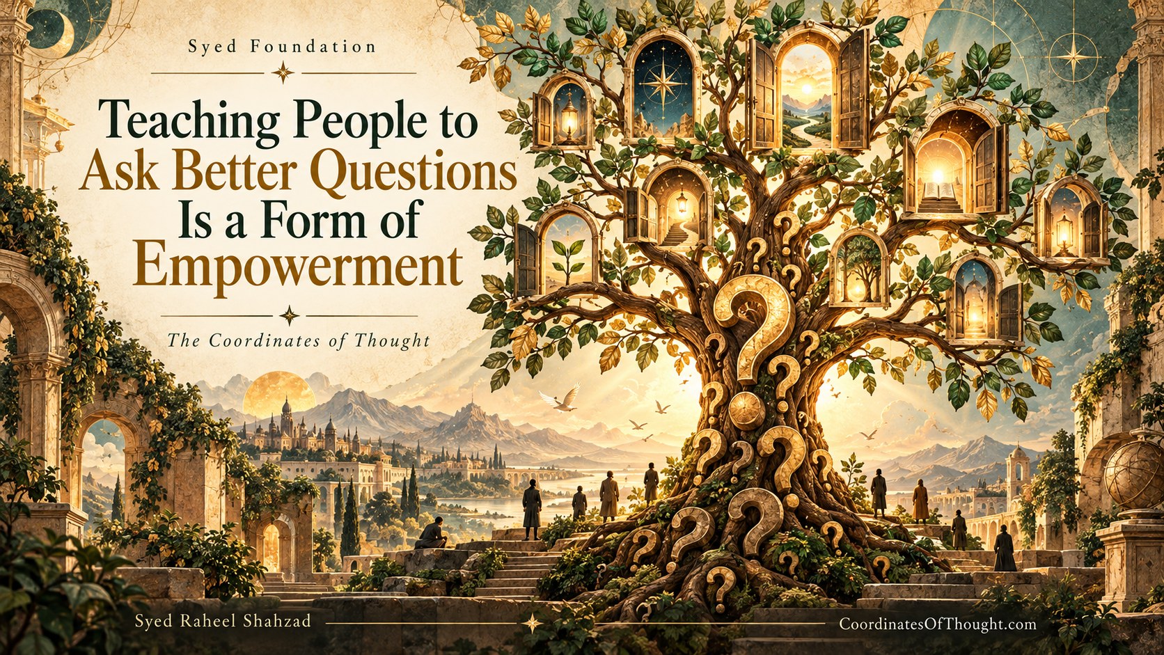 Syed Foundation philosophical artwork by Syed Raheel Shahzad showing a tree of questions opening into different paths of knowledge, learning, possibility and intellectual empowerment