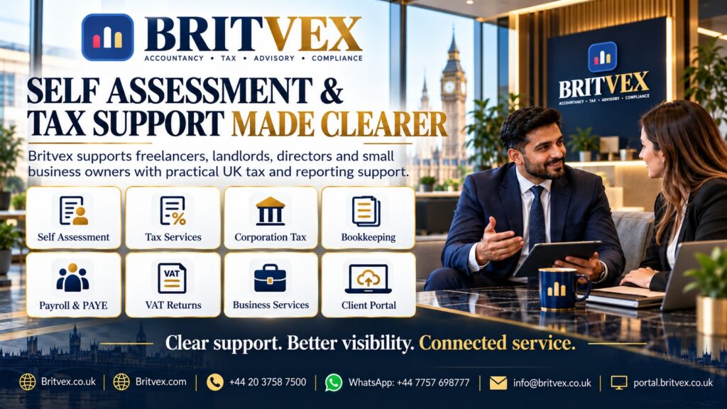 Britvex Self Assessment and personal tax support consultation showing bookkeeping, corporation tax, VAT, payroll and online client services