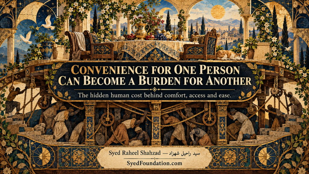 Syed Foundation philosophical artwork by Syed Raheel Shahzad about hidden labor, human dignity, inequality, digital exclusion and the social cost of convenience