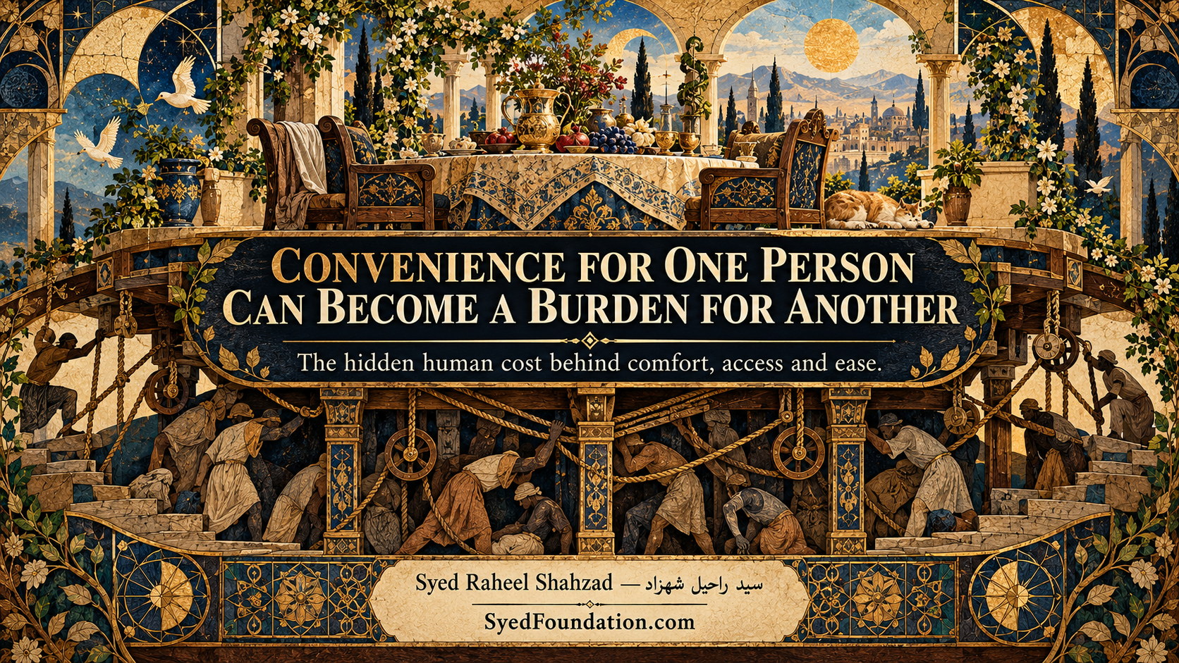 Syed Foundation philosophical artwork by Syed Raheel Shahzad about hidden labor, human dignity, inequality, digital exclusion and the social cost of convenience
