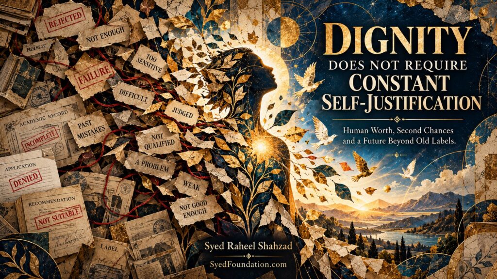 Syed Foundation philosophical artwork by Syed Raheel Shahzad about dignity, second chances, human worth, old labels and self-justification
