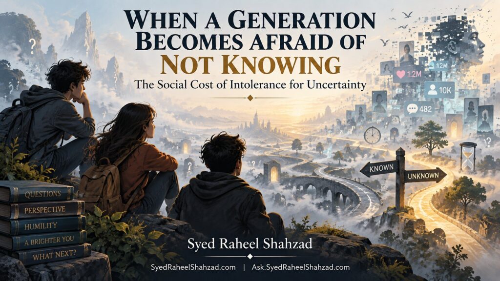 Syed Foundation philosophical artwork by Syed Raheel Shahzad showing young people facing a landscape of known and unknown paths while digital metrics and predictive fragments dissolve into the distance.