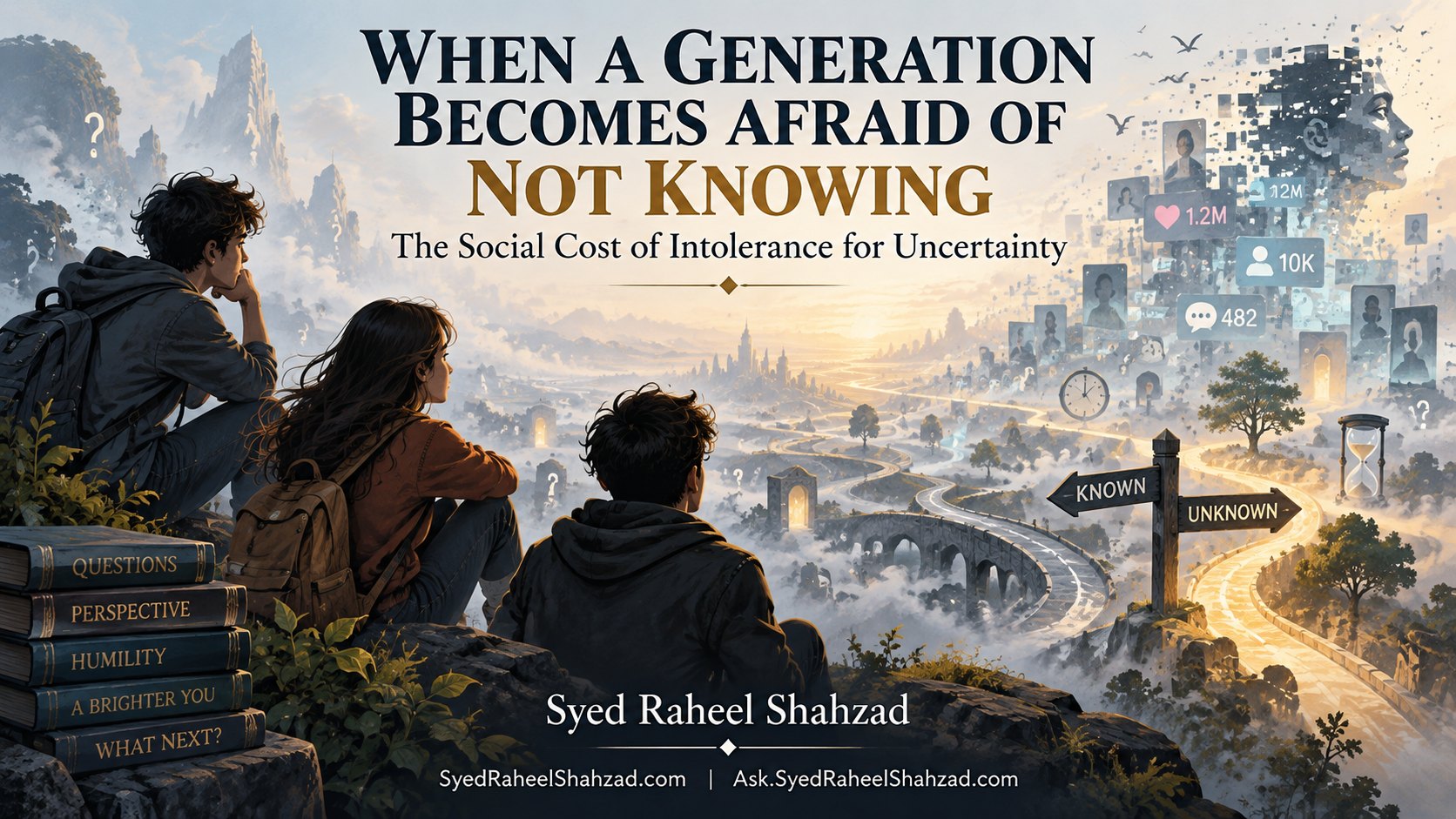 Syed Foundation philosophical artwork by Syed Raheel Shahzad showing young people facing a landscape of known and unknown paths while digital metrics and predictive fragments dissolve into the distance.