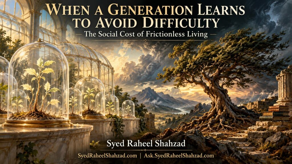 Syed Foundation philosophical fine-art artwork by Syed Raheel Shahzad contrasting fragile saplings protected under glass with a deeply rooted tree shaped by wind, symbolizing the social cost of avoiding difficulty.