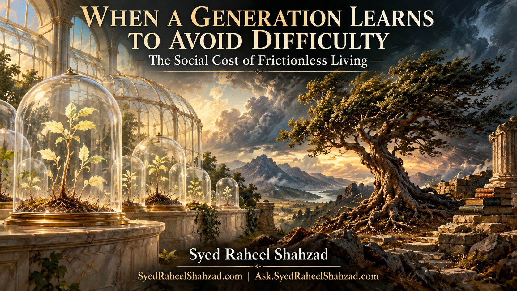 Syed Foundation philosophical fine-art artwork by Syed Raheel Shahzad contrasting fragile saplings protected under glass with a deeply rooted tree shaped by wind, symbolizing the social cost of avoiding difficulty.