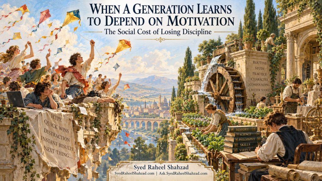 Syed Foundation philosophical artwork by Syed Raheel Shahzad contrasting brief bursts of excitement with a steady waterwheel feeding study, practice and growth, symbolizing the social cost of depending on motivation.