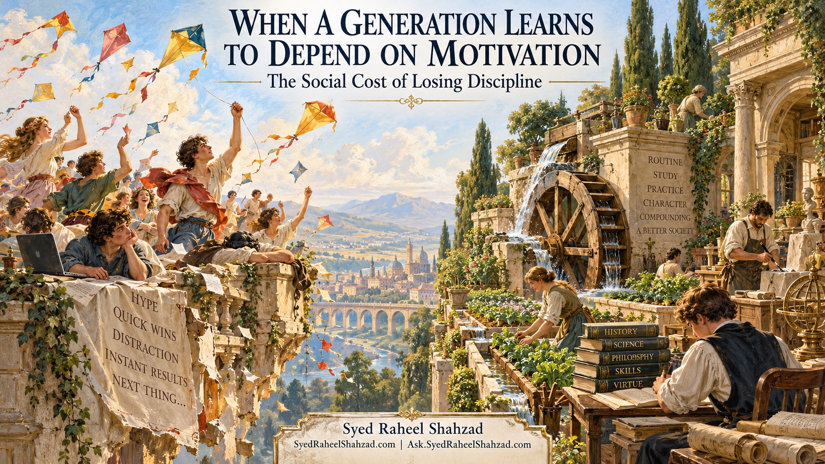 Syed Foundation philosophical artwork by Syed Raheel Shahzad contrasting brief bursts of excitement with a steady waterwheel feeding study, practice and growth, symbolizing the social cost of depending on motivation.