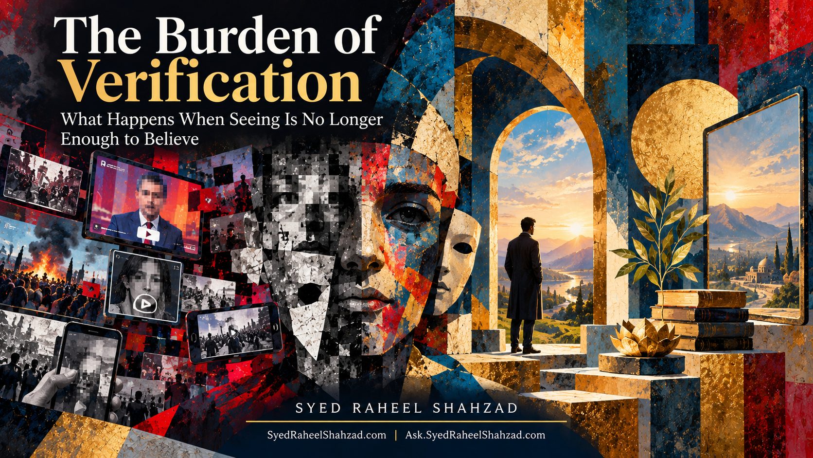 Syed Foundation conceptual artwork by Syed Raheel Shahzad showing fractured synthetic media and a path toward evidence, verification and critical trust, symbolizing the social cost of a generation learning to doubt every image.