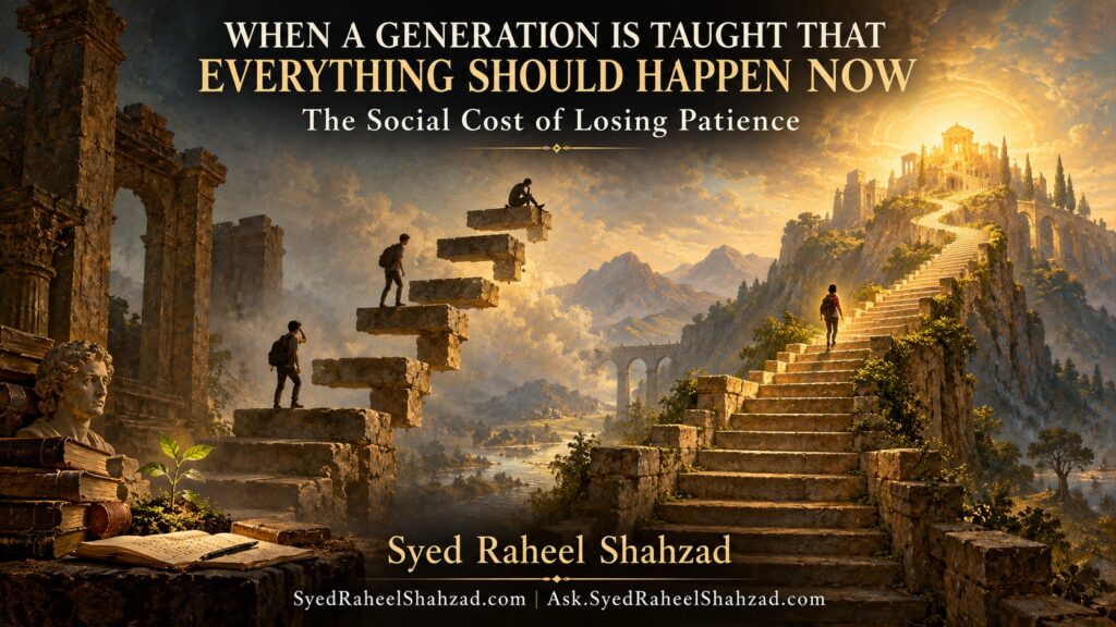 Syed Foundation philosophical fine-art artwork by Syed Raheel Shahzad showing a broken shortcut staircase with missing steps beside a slower complete staircase rising steadily toward light, symbolizing the social cost of rushing development.