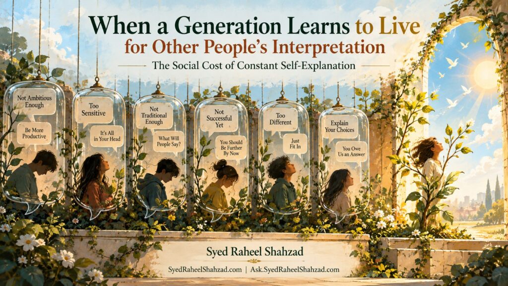 Syed Foundation fine-art artwork by Syed Raheel Shahzad showing young people enclosed inside glass speech bubbles filled with social judgments while one figure grows beyond the enclosure, symbolizing the social cost of living for other people’s interpretation.