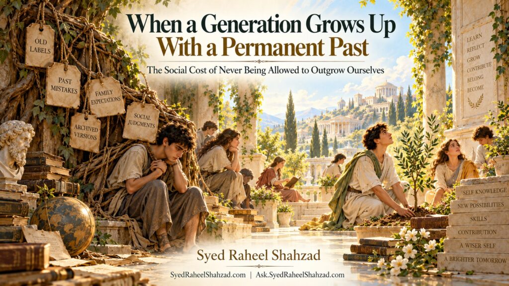 Syed Foundation philosophical fine-art artwork by Syed Raheel Shahzad showing young people growing beneath the weight of old labels and archived judgments while planting a new future through learning, growth and contribution.