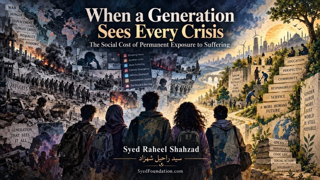 Syed Foundation philosophical artwork by Syed Raheel Shahzad showing young people facing a dark collage of war, hunger, displacement and climate crisis while a brighter path rises through education, perspective, community, responsibility and service.
