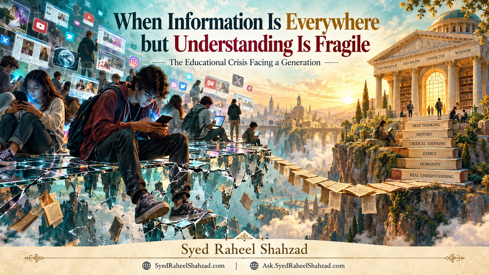 When Information Is Everywhere but Understanding Is Fragile — Syed Raheel Shahzad Syed Foundation educational artwork by Syed Raheel Shahzad contrasting young people immersed in phones, social feeds and digital information with a path toward deep thinking, history, ethics, humanity and real understanding.
