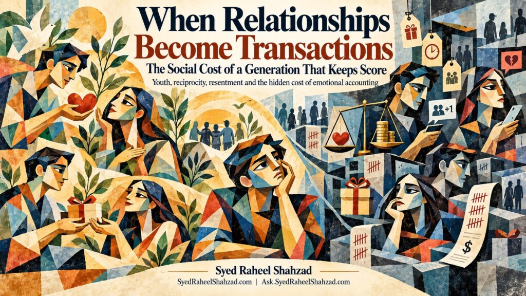 Syed Foundation cubist artwork by Syed Raheel Shahzad contrasting warm scenes of care and community with colder transactional relationships, tally marks, price tags and a balance between a heart and coins.